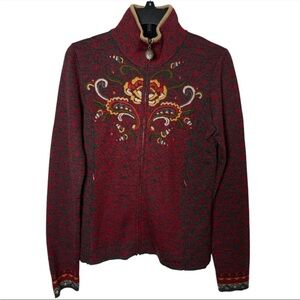 Icelandic Design Women’s Wool Mix Nordic Embroidered Zip Cardigan Sweater M Red